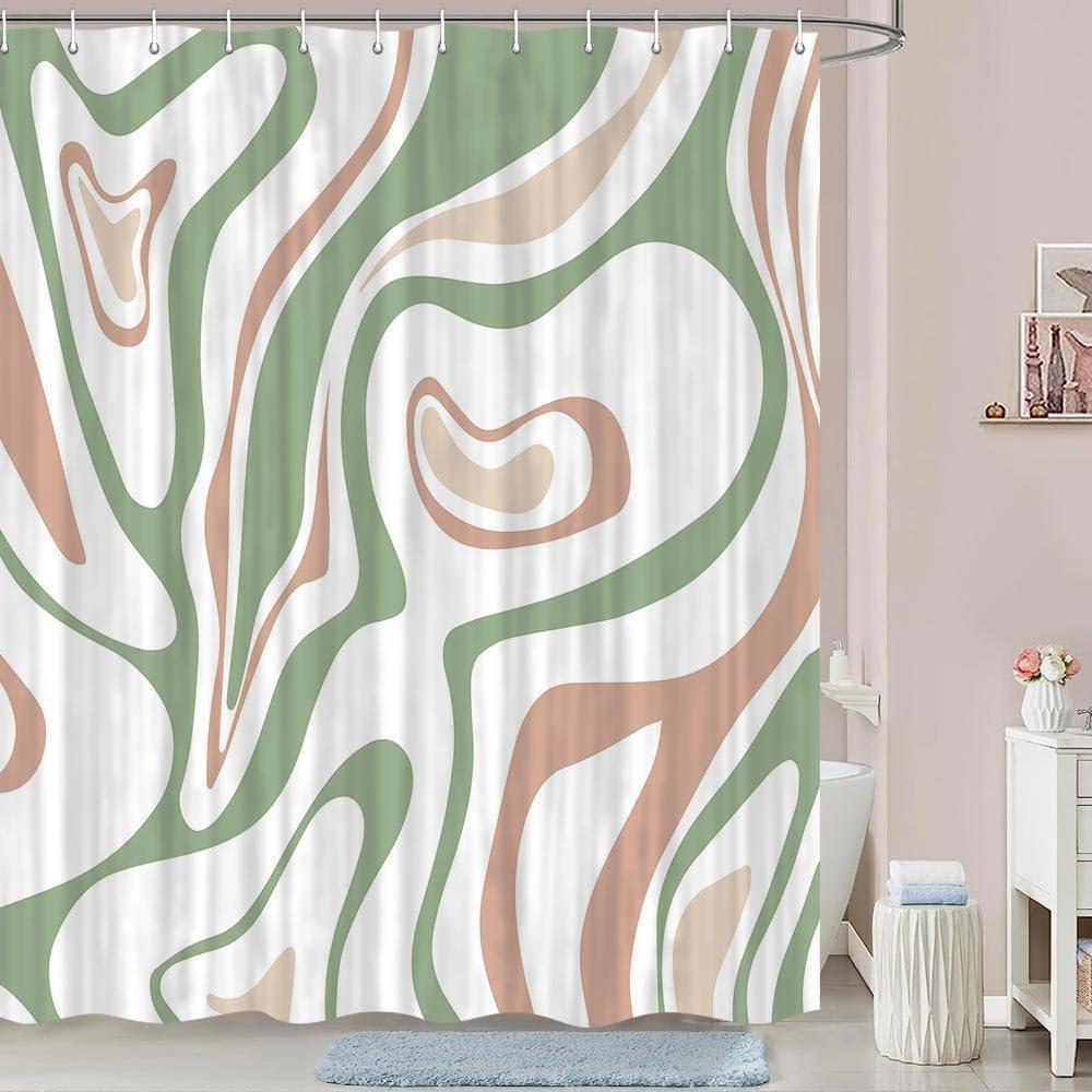 DYNH Cute Green Shower Curtain,Cute Boho Aesthetic 70S Abstract Sage Green Pink Wavy Spiral Swirl Shower Curtain, Vintage Retro minimali Teen Girls Shower Curtain Set with Hooks,72X72IN (Multi2)