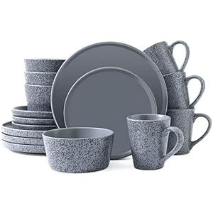 Bestone 16 Piece Round Kitchen Dinnerware Sets,Plates and Bowls sets,Dishes, Dinner Plates, Cereal Bowls SetBowls, Mugs, Dish SetPlates and Bowls,Service for 4, Stoneware Dinnerware,Black matte