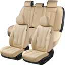 Coverado Juego completo de fundas de asiento de automvil, fundas de asiento delantero beige para asientos delanteros y traseros, de piel de napa impermeable, cojn para asiento de automvil,