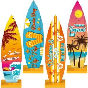 Blulu 4 Pcs Surfboard Decorations for Party Surfboard Beach Signs Welcome to Paradise Sign Tropical Bar Table Centerpieces Endless Summer Wood Decor Flip Flop Letters for Home Decor(Tropical Style) (8.27 x 2.4 Inch)