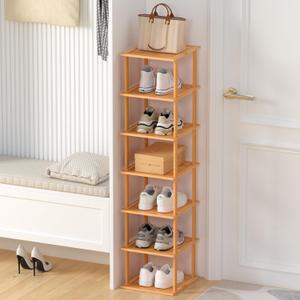Bamboo Free Standing Shoe Rack Shelf Multi Tier Tall Wooden Stackable Shoes Rack Organizer for Closet Front Door Entrance Narrow Vertical Shoe Storage Rack for Corner Stand (Bamboo, 7 Tiers)
