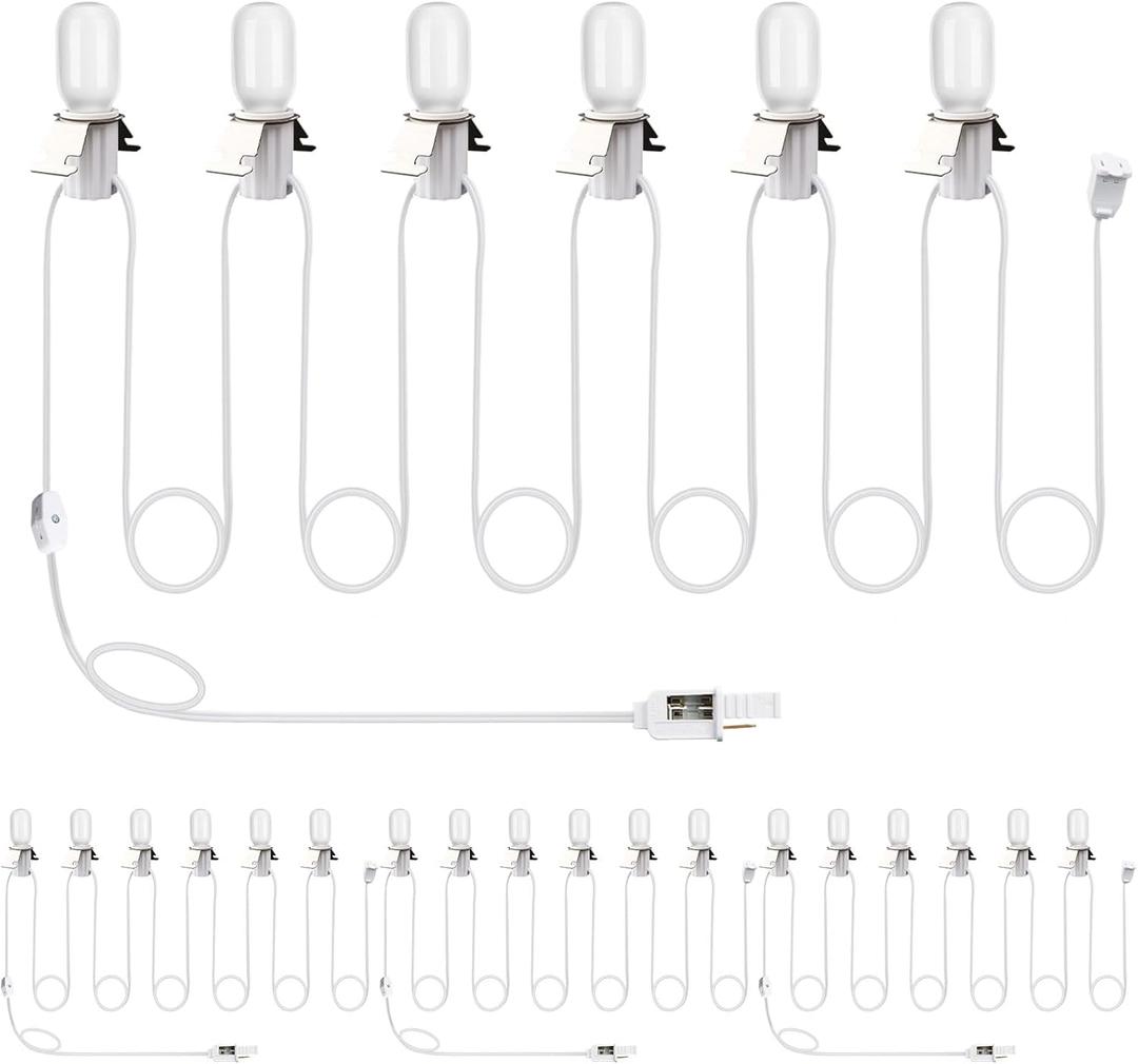 Leelosp 4 Pack Accessory Cord with LED T20 Light Bulb, 13FT Light Cord Blow Mold White Bulb with On/Off Switch Female Plug Clip for Christmas Village Houses Trees Crafts Lamp Holiday