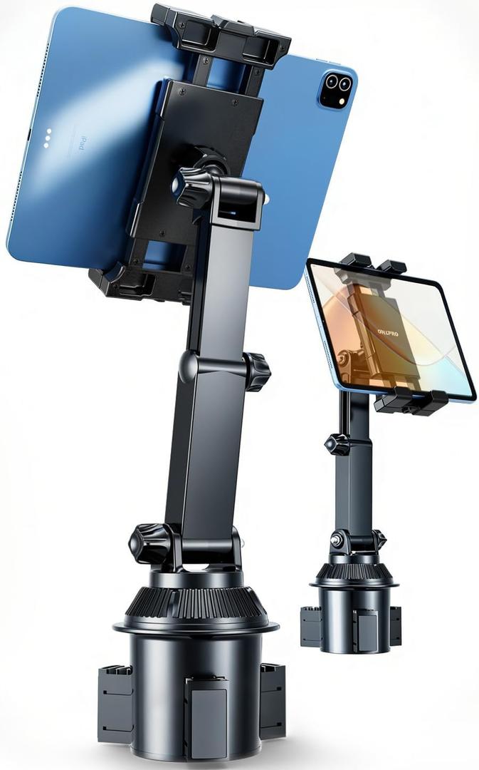 OHLPRO Car Cup Holder Tablet Mount for Truck & SUV, Heavy Duty iPad Holder for Car with Thick Case Friendly Deep Claws, 2.6-3.9" Expandable Base & Adjustable Extension Arm, Fits 5-17" Devices, Black