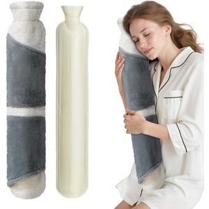 Hot Water Bottle with Cover, 2L Rubber Hot Water Bag with Soft Cover (2 Liter), for Cramps, Compress Pain Relief, Removable Hot Cold Pack (Extended-Elegant White+Gray)