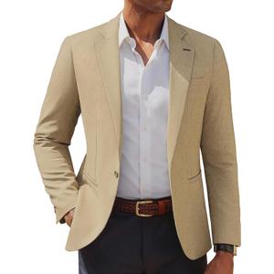 PJ PAUL JONES Men's Casual Blazer One Button Lightweight Sport Coats Solid Notched Lapel Suit Jackets (Beige, L)