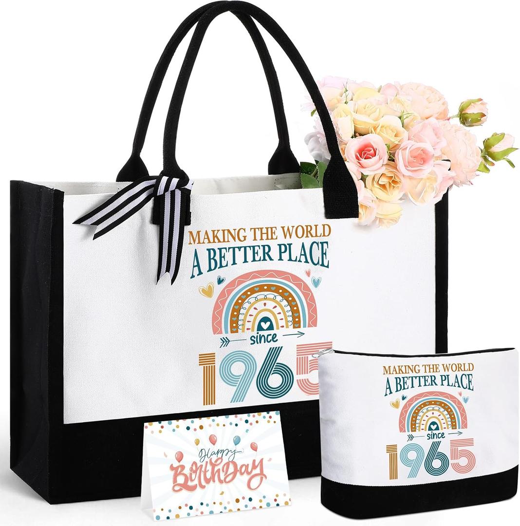 Aliceset 3 Pcs 60th Birthday Gifts for Women Her, 1965 Canvas Tote Makeup Bag Gift Card, Anniversary Christmas Gift Ideas for Mom Wife