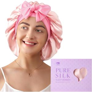 LitBear 100% Mulberry Silk Bonnet for Sleeping Women, 6A 22 Momme, Large Double-Layer Hair Wrap with Tie Band (Pink)