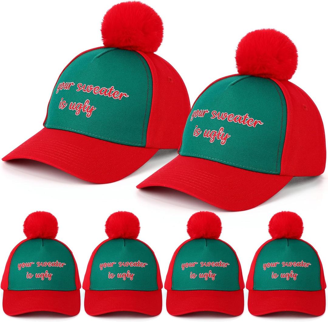 Kenning 6 Pcs Christmas Hat Baseball Cap Funny Adjustable Santa Hats Adult Reindeer Caps Ugly Sweater Hat for Men Women Holiday (Sweater Style)