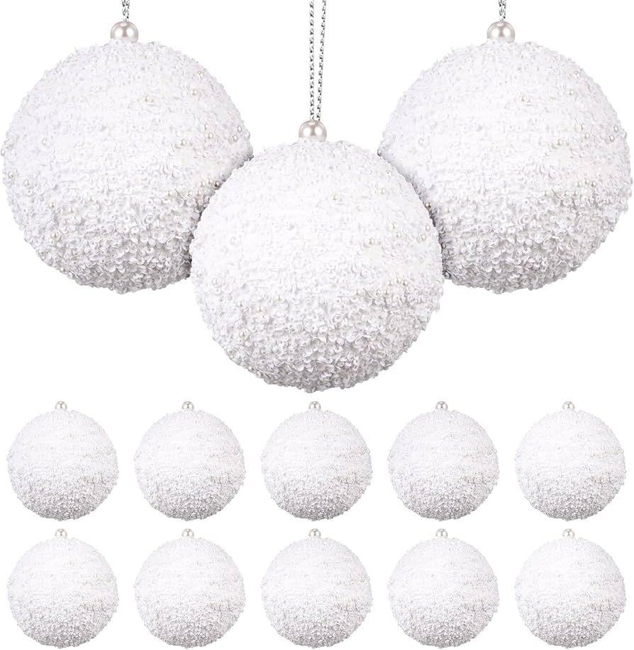 Poen 10 Pcs 4.13" Christmas Ball Ornaments Shatterproof Christmas Decorations Tree Balls Xmas Plastic Hanging Pearl Balls for Wedding Holiday Party Tabletop Festival Decoration (White)