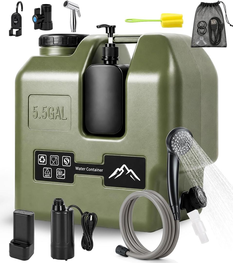 Portable Shower for Camping with Water Jug, Electric Rechargeable Camping Shower, 5.5-Gal Food Grade Water Container IPX7 Waterproof Outdoor Camp Pump for Hiking Beach, Travel, Pet Bath