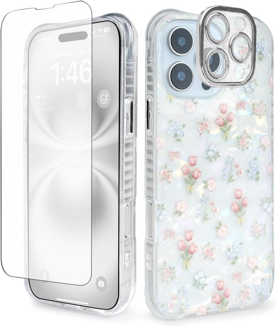 Cute Tulip Flowers Bow Shell Pattern for iPhone 13 Case, [3 in 1] with Screen Protector & Camera Lens Protector, Clear Soft Shockproof Slim Fit Floral Phone Cover for Women (White)