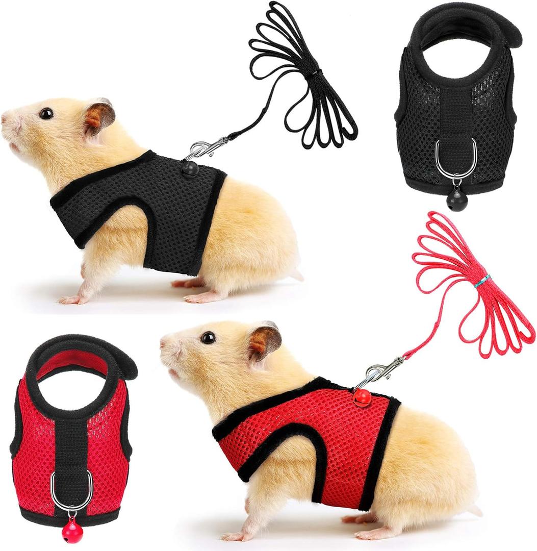 2 Pieces Guinea Pig Clothes Baby Ferret Rats Hamster Soft Mesh Harness Leash Vest Set with Bell for Guinea Pigs, Hamster, Ferret, Rabbit, Chinchilla and Similar Small Animals Black, Red