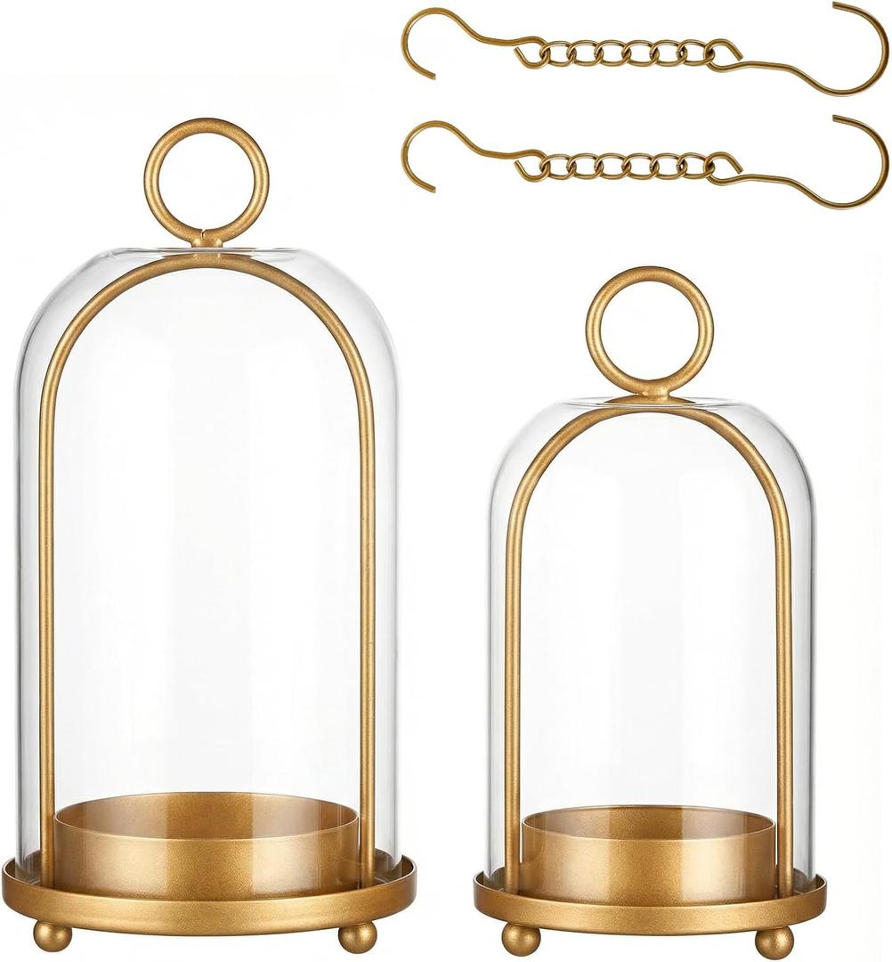 GYKLE Set of 2 Candle Lantern Set - Vintage Brass Candle Holders with Thick Glass Domes (5.25"x10" & 4.5"x7.87"), Perfect for Pillar Candles, Floral Arrangements, and Vintage Home Accents