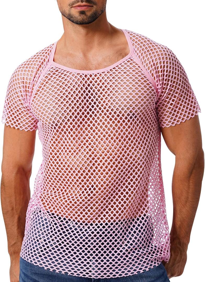 ABAFIP Men's Short Sleeve Fishnet Shirt Mesh Sheer Tank Top Muscle T-Shirt Undershirt Rave Clubwear (X-Large, Pink)