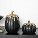 WDS WONDROUS Black and Gold Pumpkins Decoration Halloween and Fall Modern Decor, 2 PCS Artificial Resin Pumpkins Table Centerpiece for Autumn Thanksgiving Halloween Party Indoor Home Decor