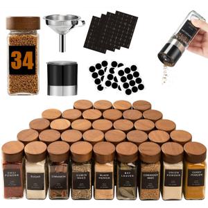 Yangbaga 34Pcs Glass Spice Jars with Labels-4oz Acacia Wood Lid Square Spice Containers with Pepper Grinder Lids &Funnel,Seasoning Jars for Rack Cabinet Drawer