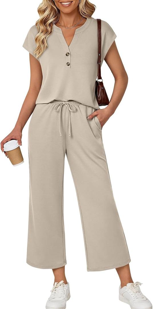 LILLUSORY Two Piece Lounge Sets for Women Spring Vacation Beach Travel Airport Outfits Casual Cruise Fashion 2026 (Beige, M)