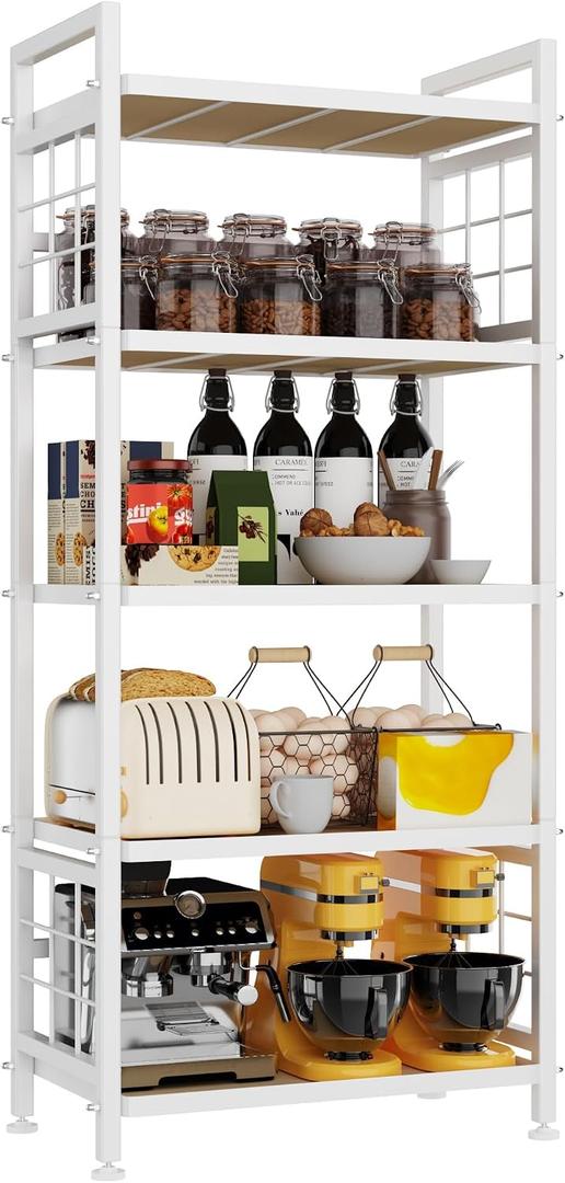 GIOTORENT 5-Tier Kitchen Storage with Wooden Boards, Heavy Duty Storage Shelves & Bookshelf, Adjustable Metal Shelving Unit for Garage Kitchen Bathroom Laundry Organizer, 750LB Capacity, White, 21.6W x 12.8D x 53.6H