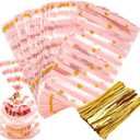 JOERSH 100 Pack 8.1" x 5" Bottom Gusset Clear Cellophane Treat Bags with Ties for Cookies Candy Popcorn Birthday Party Favor Bags Gift Giving, Pink Stripes and Hearts Pattern