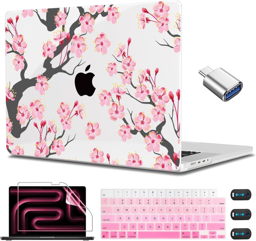 CISSOOK Cherry Blossoms Hard Shell Case for MacBook Pro 14 inch M5 A3434 M4 A3112 A3185 A3401 M3 A2992 A2918 M2 A2779 M1 A2442, Cherry Floral Cover with Keyboard Cover for 2021-2025 Pro 14.2