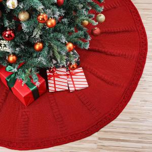 72 Inch Christmas Knitted Tree Skirt Giant Claret Red Chunky Xmas Tree Skirt Extra Large Braided Cable Knit Rustic Farmhouse Xmas Ornaments for Home Merry Christmas Holiday Winter Party Decoration