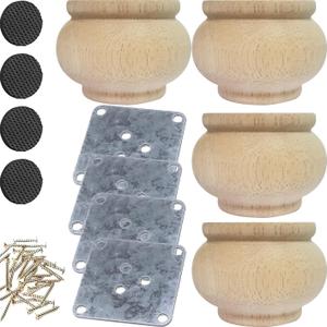 2 Inch Wooden Furniture Legs, Solid Wood Unpainted Replacement Furniture Legs, Cabinet Legs/Desk/Sofa/Bookcase Bun Feet, DIY Wooden Round Legs with Mounting Plate & Screws Set of 4 (2 Inch)