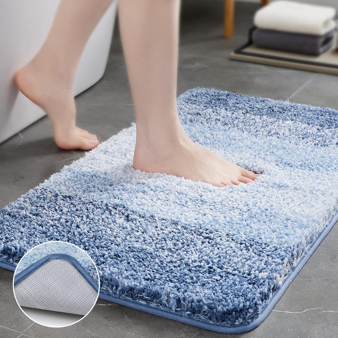 TECHMILLY Super Soft Shaggy Bathroom Rugs, Absorbent Thick Non Slip Microfiber Bath Rugs, Quick Dry Machine Washable Bath Mat for Bathroom Floor, Bathtub and Shower 17"x24" (Blue Gradient)