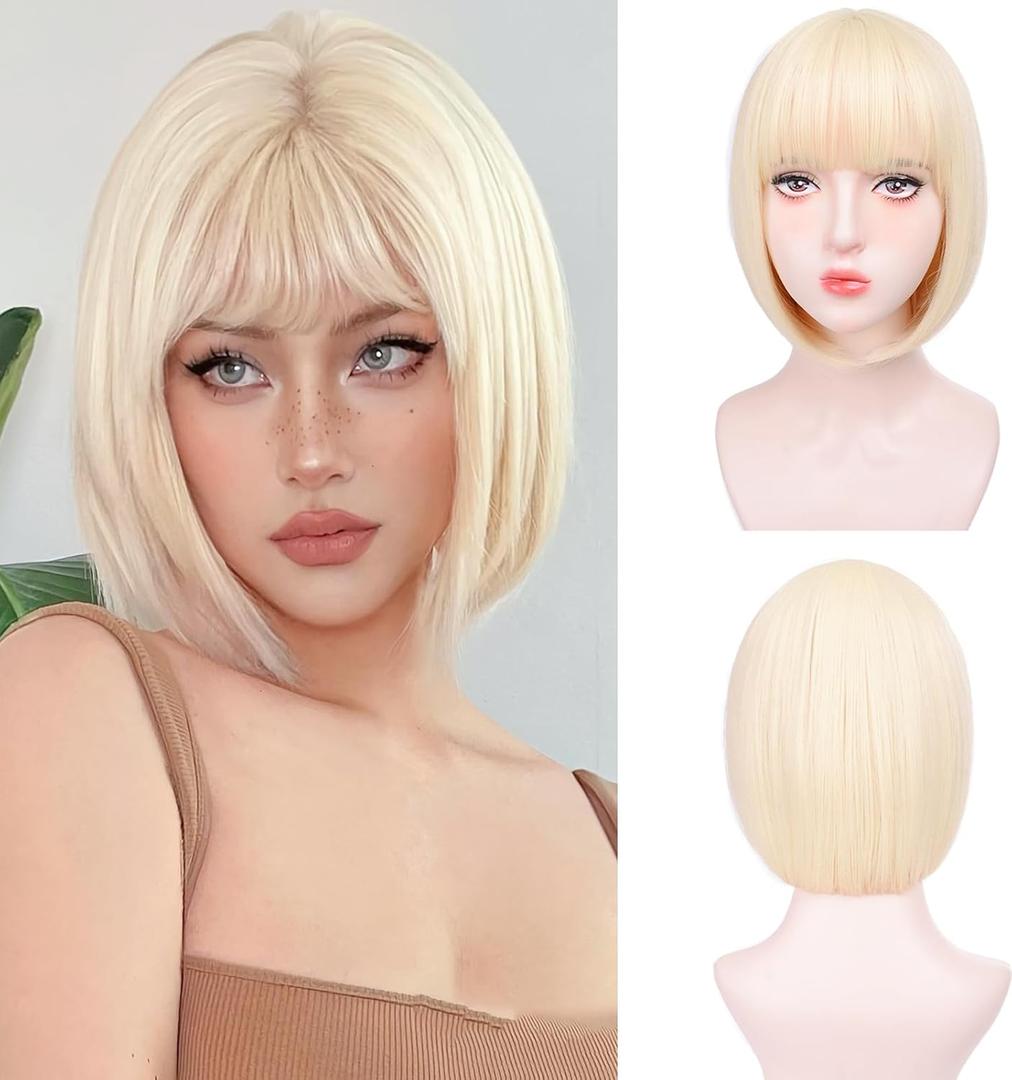 Blonde Bob Wigs for White Women - 12'' Short Bob Wigs With Bangs Natural Fashion Synthetic Wig Colorful Synthetic Hair for Daily Cosplay Halloween