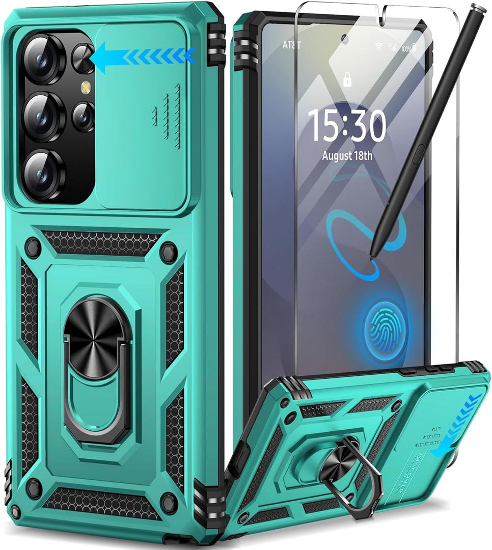Taisairu for Samsung Galaxy S25 Ultra Case with Screen Protector & Slide Camera Lens Cover, Built-in Magnetic Ring Stand Shockproof Protective Phone Case for Samsung S25 Ultra Case (Mint Green)