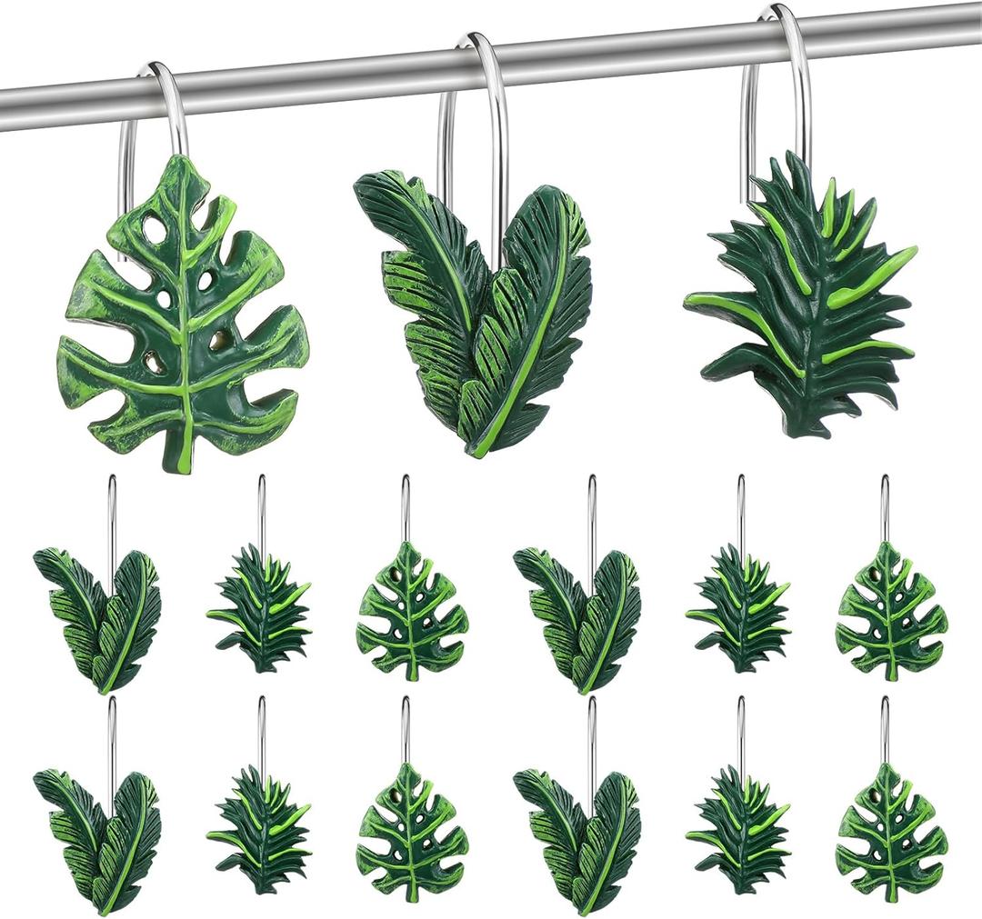 Amyhill 12 Pcs Tropical Leaf Decorative Shower Curtain Hooks Green Monstera Deliciosa Leaves Shower Curtain Rings Hanger Stainless Steel Resin Tropical Botanical Themed Hooks for Home Bathroom Decor
