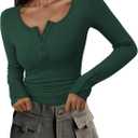 PRETTYGARDEN Women's 2025 Summer Long Sleeve Henley T Shirts Ribbed Knit Button Slim Fitted Basic Casual Going Out Fall Tops (Green, XL)