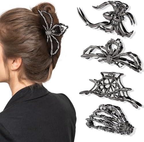 Obeoby 4 Pcs Metal Hair Clips for Women, Large Hair Claw Clips for Thick Long Hair Styling with Spider Webs Skeleton Decor, Goth Accessories Stocking Stuffers Halloween Christmas Gifts (Black)