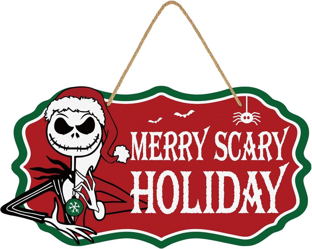 Nightmare Christmas Decorations, Funny Holiday Wood Door Hanging Sign, Merry Scary Holiday Welcome Sign Front Door Decor Party Supplies, Jack Nightmare Christmas Merch Gifts for Women Men