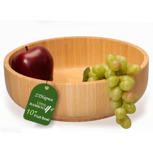 Large Fruit Bowl for Kitchen Counter, 10 Inch Bamboo Wooden Straight-Side Serving Bowl for Salad, Vegetables and Fruits, Rustic Decorative Bowls for Dinner Table Centerpiece Decor, 100 Oz