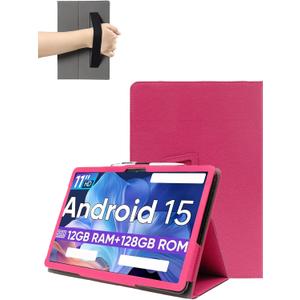 for WXUNJA PTB 2025 (11 Inch) Android 15 Tablet Protective case, Shockproof Lightweight PU Protective Cover with Stand, Wristband Strap Magnetic Flip Design, Business & Travel Friendly, Rose red.