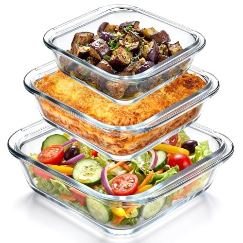 Domensi 3 Pcs 8x8 & 7x7 & 6x6 in Square Glass Baking Dish Set Deep Baking Pan Stackable Bakeware with Handles Oven Dishwasher and Microwave Safe, 1 Qt, 1.2qt, 2 Qt