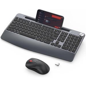 Ergonomic Wireless Keyboard and Mouse with Wrist RestPhone Holder - 2.4GHz Full-Sized Low-Profile Quiet Wireless Mouse and Keyboard Combo for Computer, Laptop, PC, Mac-Grey