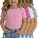 Oakgarden 4 Pack Toddler Girls' Ribbed Short Sleeve Shirts Baby Girl Cotton Crew Neck Basic Tops Casual Knit Summer Tees, Size 2T