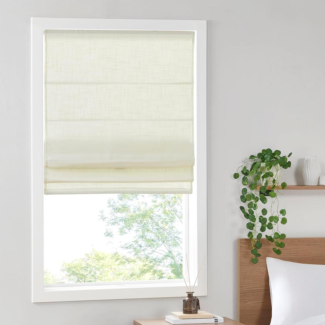 Madison Park Kyler Cordless Roman Shades - Single Panel, Lightweight Linen Blend Fabric, Natural Design, Easy Installation, Light Filtering Window Blind, Bedroom, Living Room Decor 27"W x 64"L Ivory
