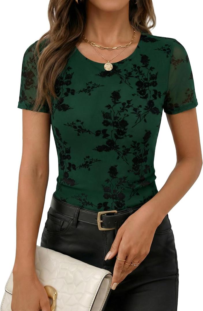 ZESICA Women's Floral Mesh Sheer Short Sleeve Tops 2026 Summer Business Casual Shirts Spring Fashion Clothes (Green, S)
