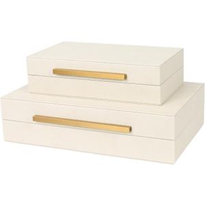 Beige Shagreen Decorative Storage Boxes  Set of 2 Faux Leather Jewelry & Memory Boxes with Gold Metal Handles, Nesting Photo Organizers for Home Decor, Gift, and Office Organization