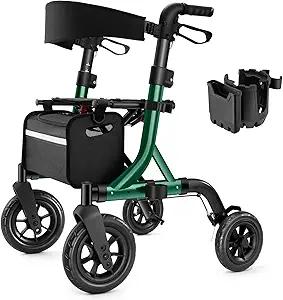 MAXWALK Walkers for Seniors, Rollator Walker with Seat, 10" Rubber Wheels All Terrain Rollator Walker with Backrest, Aluminum Walkers Built-in Cable, Foldable and Adjustable Height for Seniors