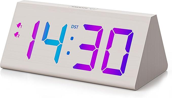 Wooden Digital Alarm Clock with Dual USB Charging Ports, DST, Dimmable, Snooze, Modern Large Time Display LED Clock for Kids Bedrooms, Living Room, Desk, Table, Bedside, Nightstand 