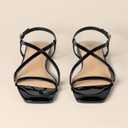 Amazon Essentials womens Flat Strap Sandals (5, Black Patent)