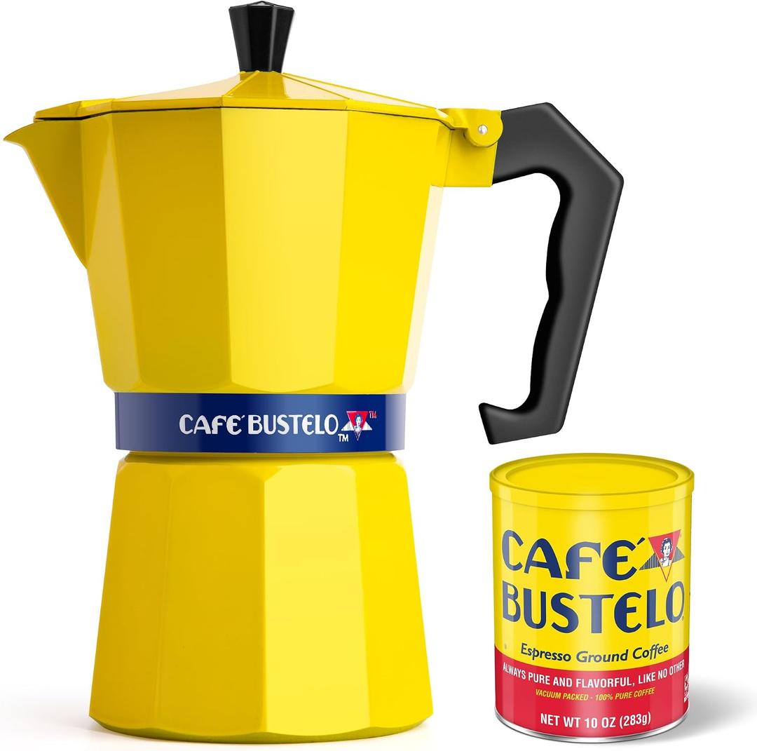 LORD'S ROCKS Caf Bustelo Stovetop Espresso Maker 300 ml Cup Moka Pot Coffee Percolator, Durable Aluminum with Heat-Resistant Handle, Bold Yellow Design Authentic Caf-Style Coffee at Home