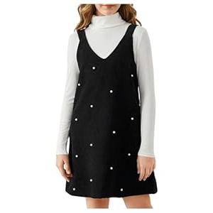 RoseSeek Girl's 2 Piece Outfits Turtleneck Rib Knit T Shirt and Corduroy Overall Dresses Set Fall Clothes Black and White 14Y