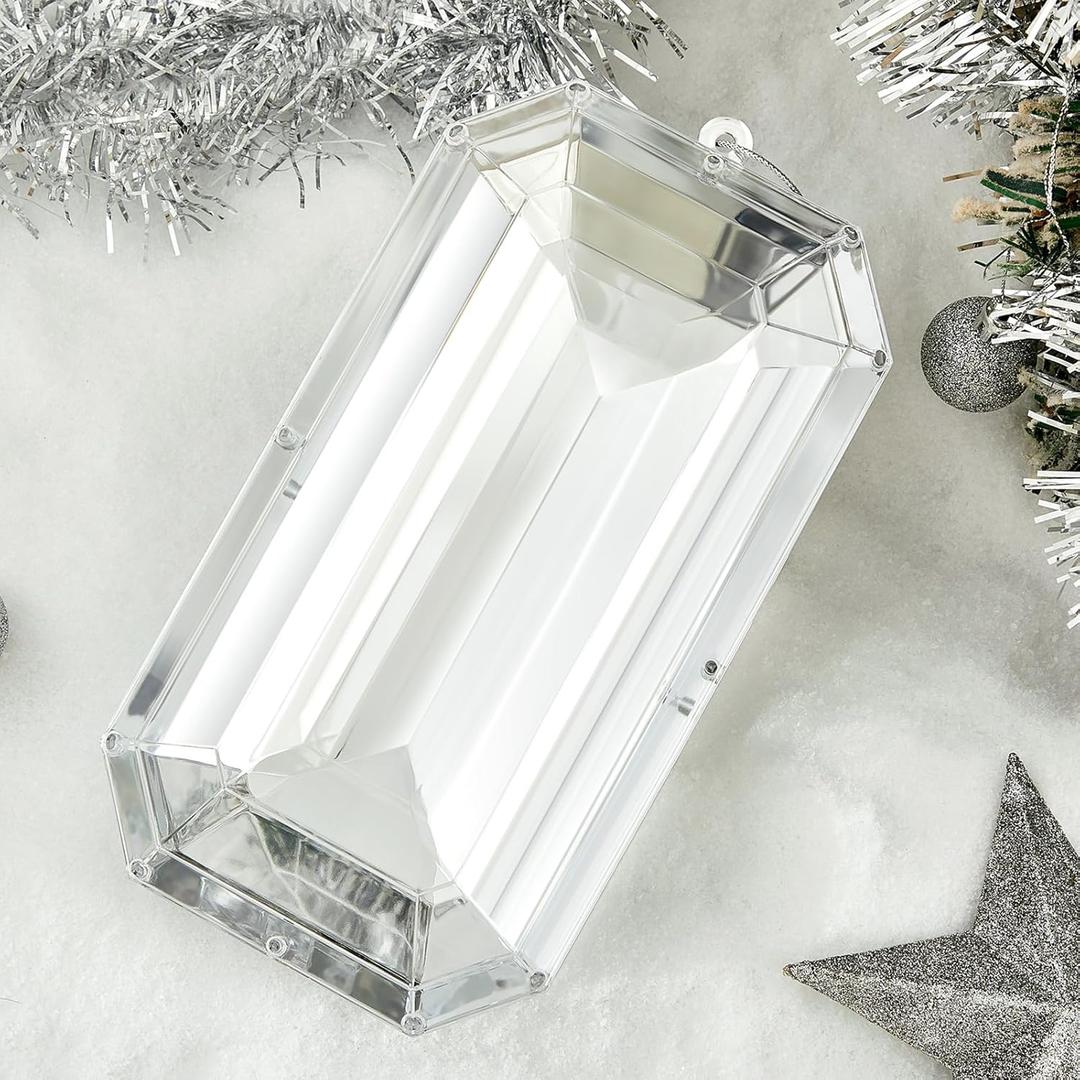 Syhood 9.5 Inch Jumbo Jewel Ornament Large Jewel Ornaments for Christmas Tree Acrylic Glitter Christmas Gem Hanging Decorations for Xmas Wedding Holiday Party Decor (Silver, Rectangle)