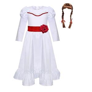 Occipa Horror Costume Adult Kids Long White Dress with Waistband Wig Full Set for Halloween (X-Large, Kids + Wig)