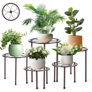 Amaoot 5 Pack Metal Plant Stand, Anti-Rust Iron Plant Stands for Indoor and Outdoor, Heavy Duty Flower Pot Stands for Multiple Plant, Black Potted Plant Holder for Garden Home (5 Pack Brown)