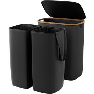 GARPROVM Double Laundry Hamper with Lid 150L Large Laundry Basket with Bamboo Handles Foldable Clothes Hampers with 2 Removable Liner Bags for Laundry for Bedroom Bathroom Dorm Laundry Room, Black, 22.54" x 14.56" x 28.75"